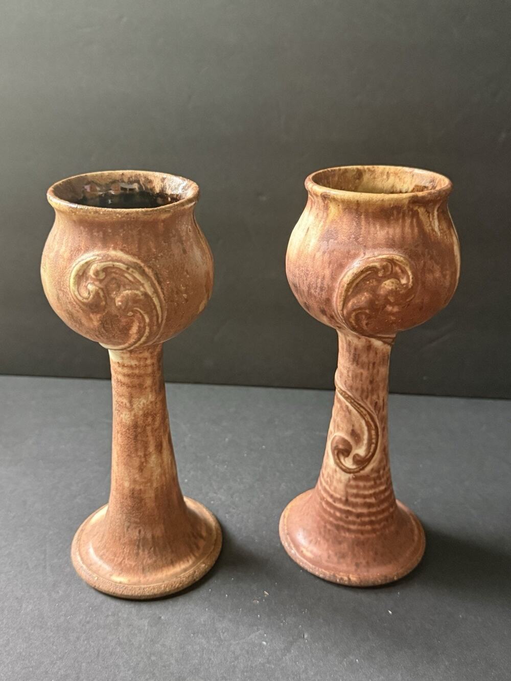 Vintage Studio Art Pottery Glazed Stoneware Goblet 9.5” Signed Brown Artisan